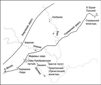 Схема расположения Спасо-Преображенской пустыни у Медвежьих озер в конце XIV века
