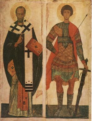 Никола и Георгий. Икона из Гуслицкого Спасо-Преображенского монастыря. 14-15 век.
