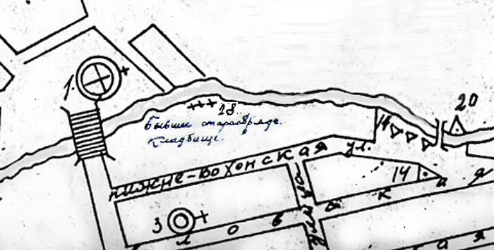 Место старинного павловского кладбища на карте 1914 года