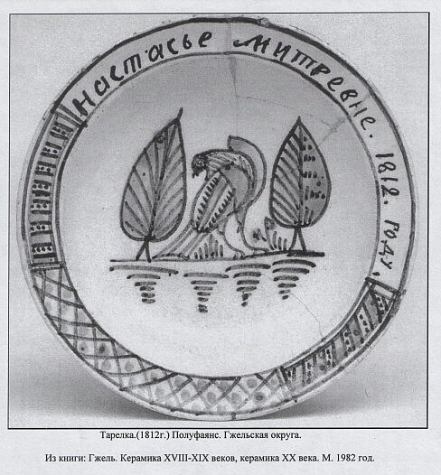 Тарелка. (1812 год) Полуфаянс. Гжельская округа. Иллюстрации из книги: Гжель. Керамика 18-19 веков, керамика 20 века. М. 1982 год