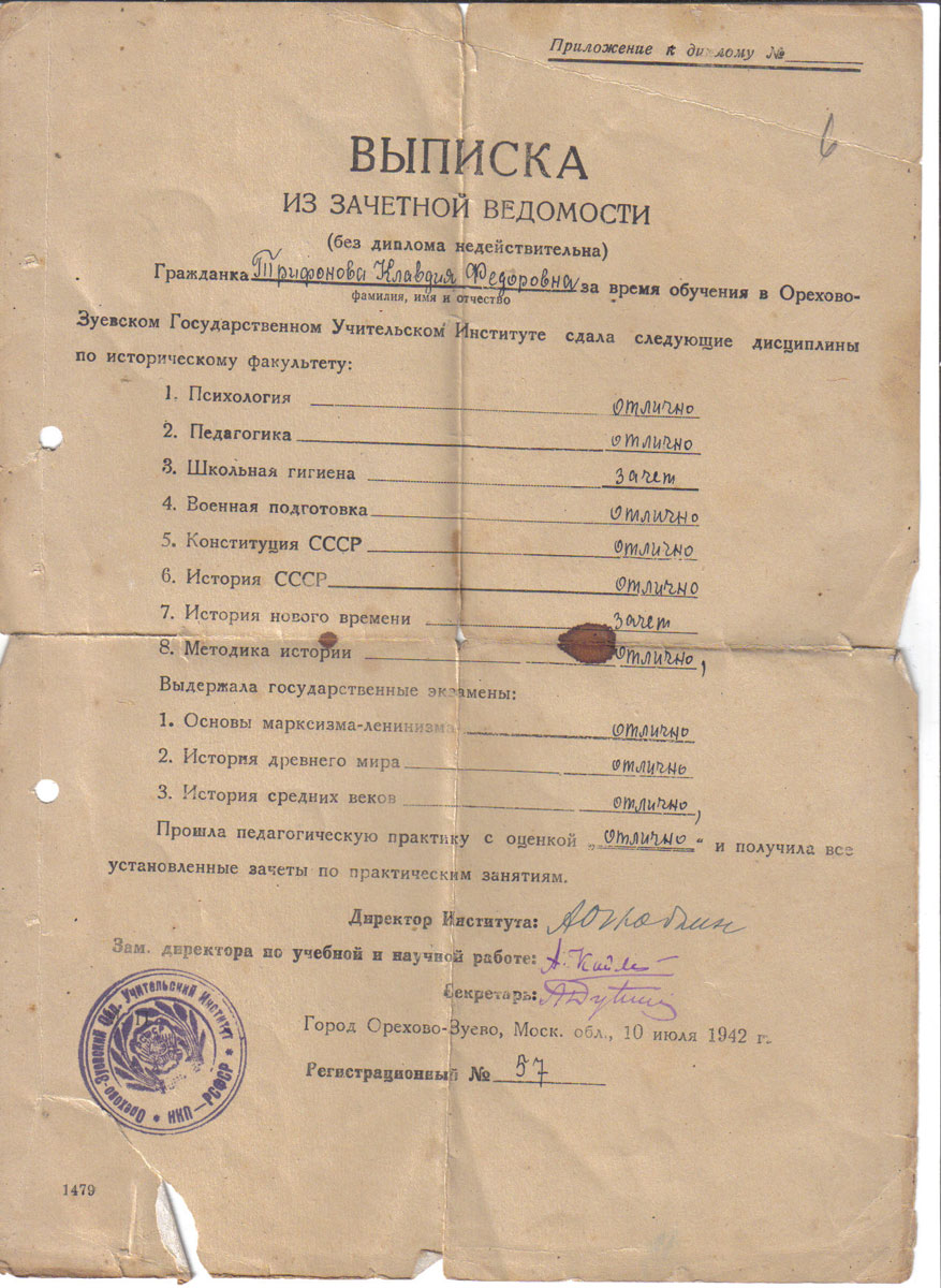 Выписка из зачетной ведомости Клавдии Фёдоровны Трифоновой