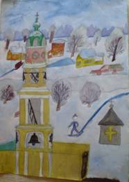 Юные художники Павловского Посада всего более любят изображать павловскую соборную колокольню, дома деревенского вида и, конечно же, павловские платки – как не погордиться! 