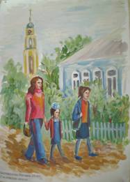 Юные художники Павловского Посада всего более любят изображать павловскую соборную колокольню, дома деревенского вида и, конечно же, павловские платки – как не погордиться! 