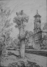 Здесь юный художник изобразил Успенскую или Монахову улицу, где еще в 19 веке построили пожарное депо с каланчей