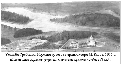 Усадьба Гребнево. Картина краеведа-архитектора М. Баева. 1975 г.  Никольская церковь (справа) была выстроена позднее (1823).  